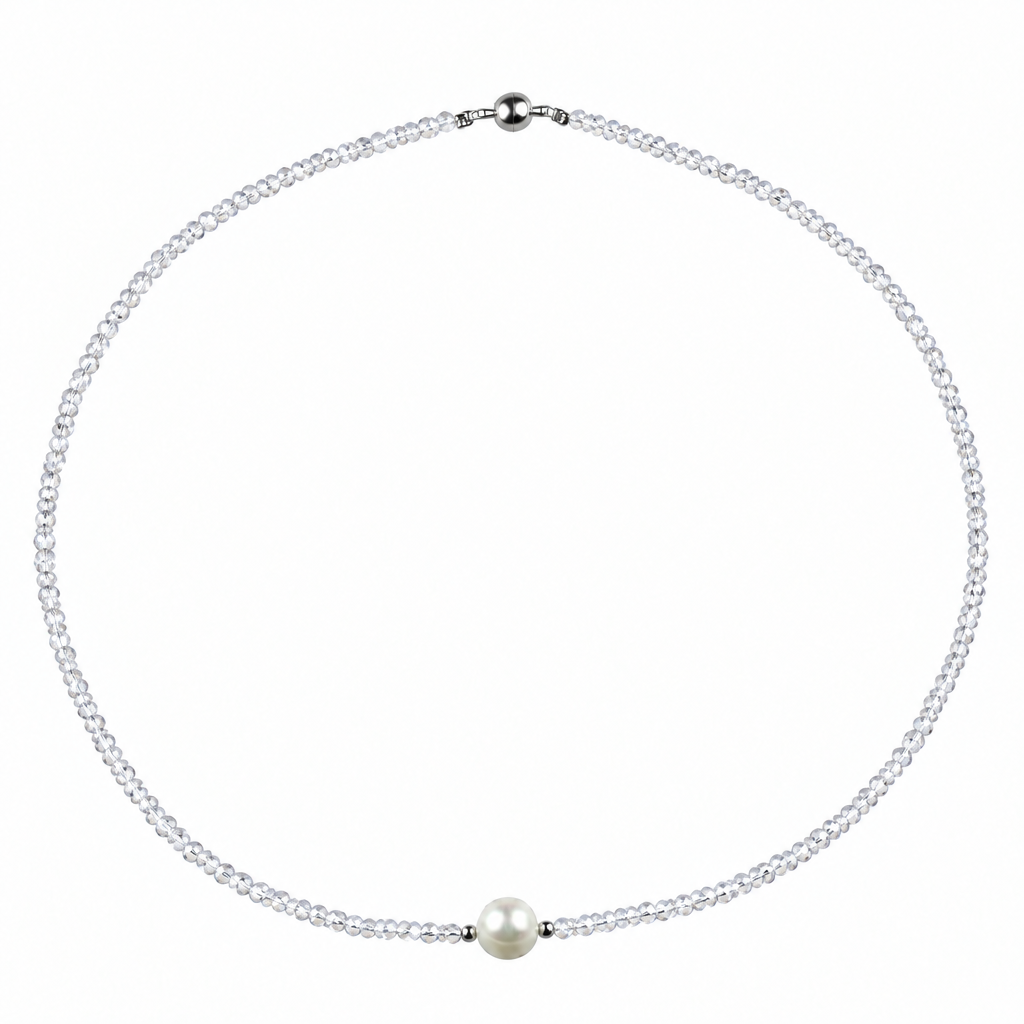 Zoetwaterparel ketting met witte parel, helder transparante glas kristallen en magneetslot | Caire