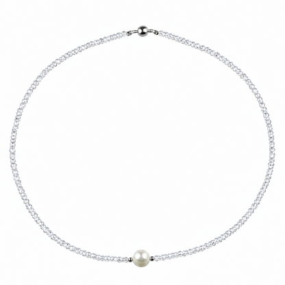 Zoetwaterparel ketting met witte parel, helder transparante glas kristallen en magneetslot | Caire