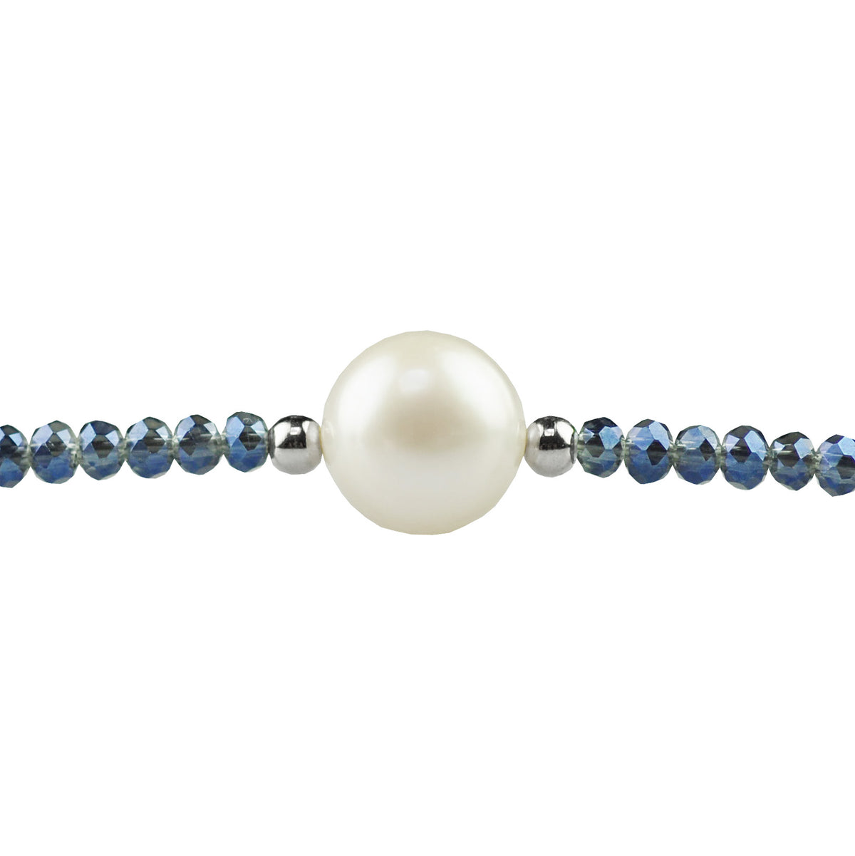Zoetwaterparel ketting met witte parel, blauwe glas kristallen en magneetslot detail | Celeste
