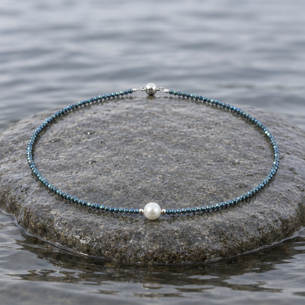 Zoetwaterparel ketting met witte parel, blauwe glas kristallen en magneetslot liggend op steen in water | Celeste