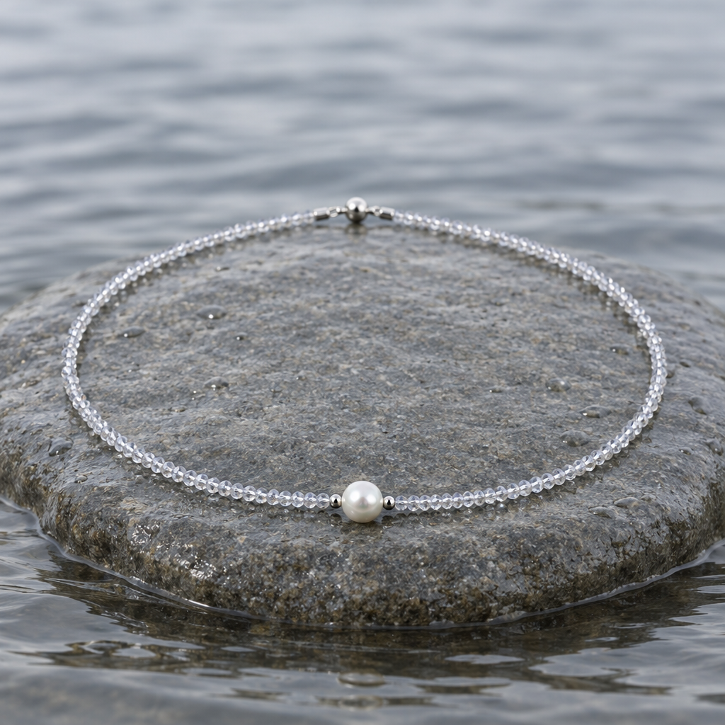 Zoetwaterparel ketting met witte parel, helder transparante glas kristallen en magneetslot liggend op steen in water | Caire