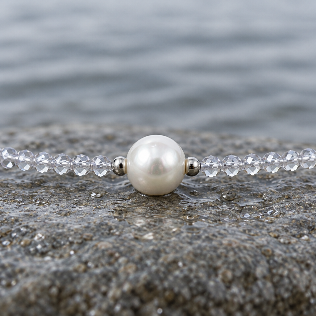 Zoetwaterparel ketting met witte parel, helder transparante glas kristallen en magneetslot liggend op steen close up | Caire