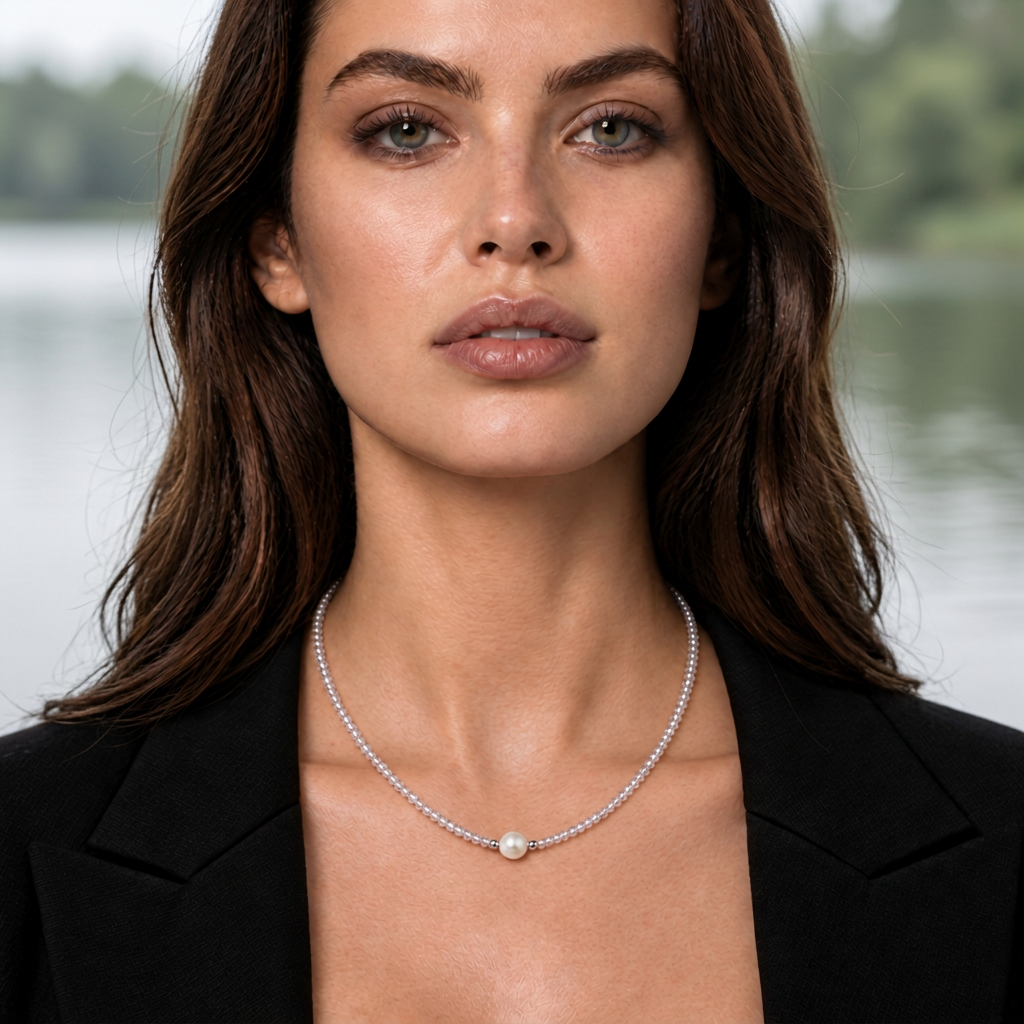 Zoetwaterparel ketting met witte parel, helder transparante glas kristallen en magneetslot op model met zwart colbert buiten | Caire