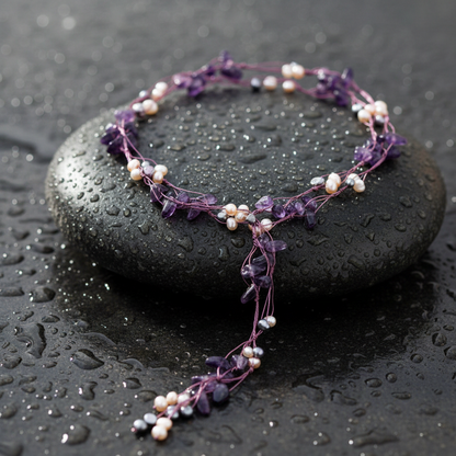 Lange zoetwater parelketting met witte, grijze en zalm kleurige parels en paarse edelsteen amethist liggend op natte steen | Sweet Purple