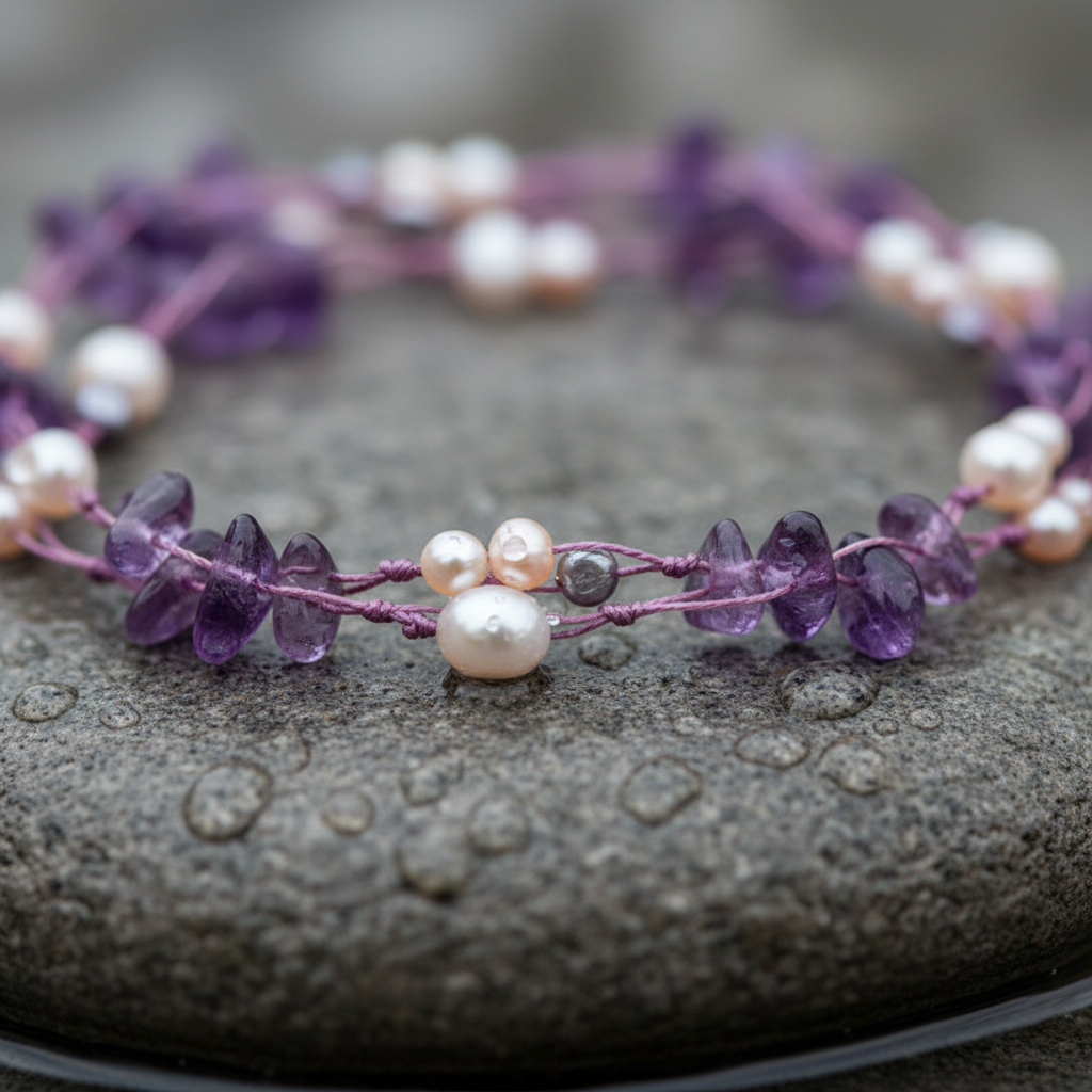 Lange zoetwater parelketting met witte, grijze en zalm kleurige parels en paarse edelsteen amethist liggend op steen close up | Sweet Purple