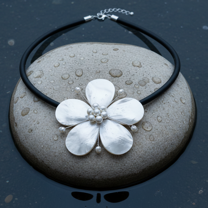 Detail van zoetwater parelketting met witte parels en parelmoer in bloem vorm liggend op steen in water | Big Flower Pearl