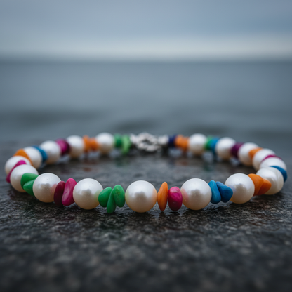 Zoetwater parelketting met witte parels en gekleurd parelmoer liggend op steen close up | Bold Happy