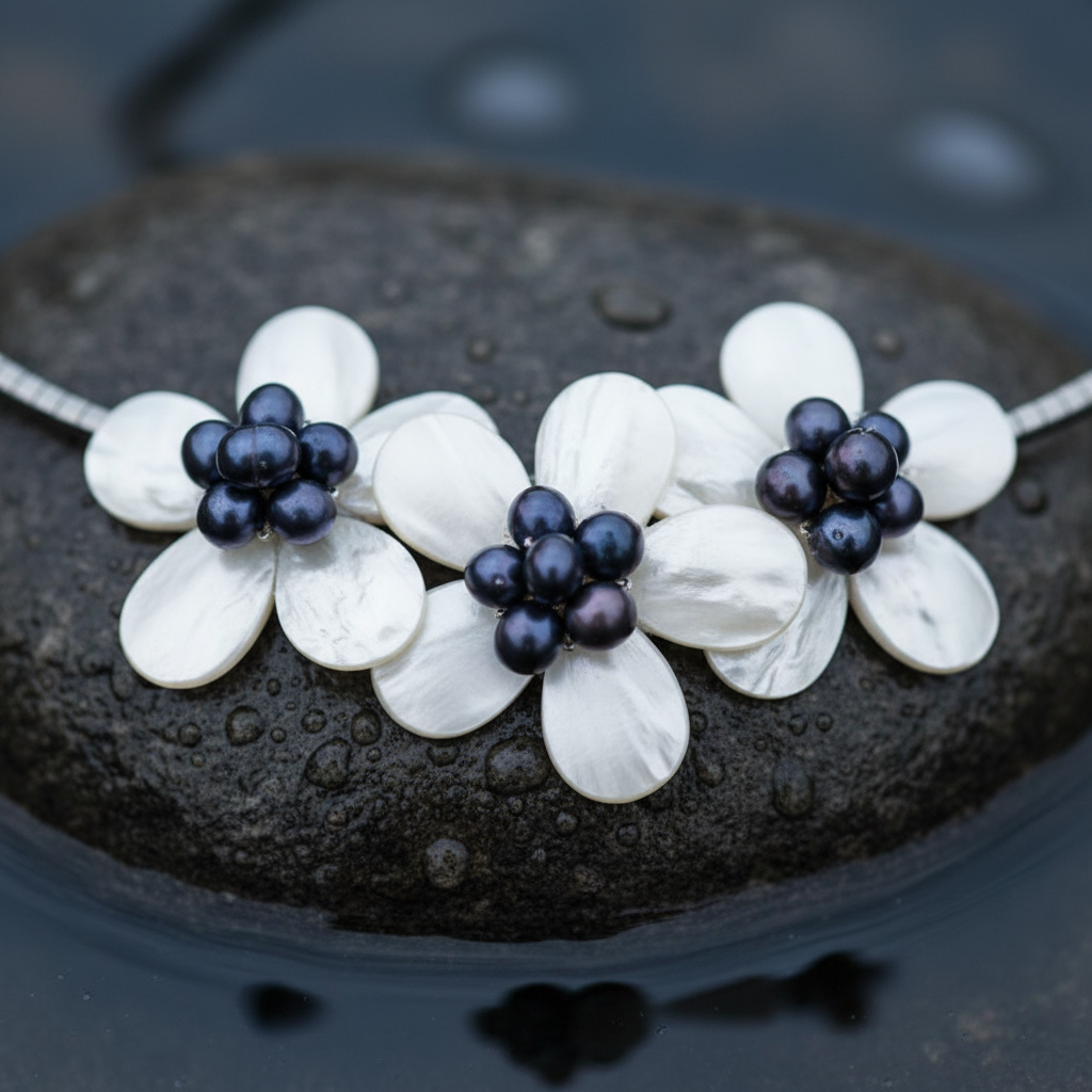 Detail van zoetwater parelketting met blauw zwarte parels en wit parelmoer in de vorm van een bloem met zilver edelstaal liggend op steen in water close up | set Florien B
