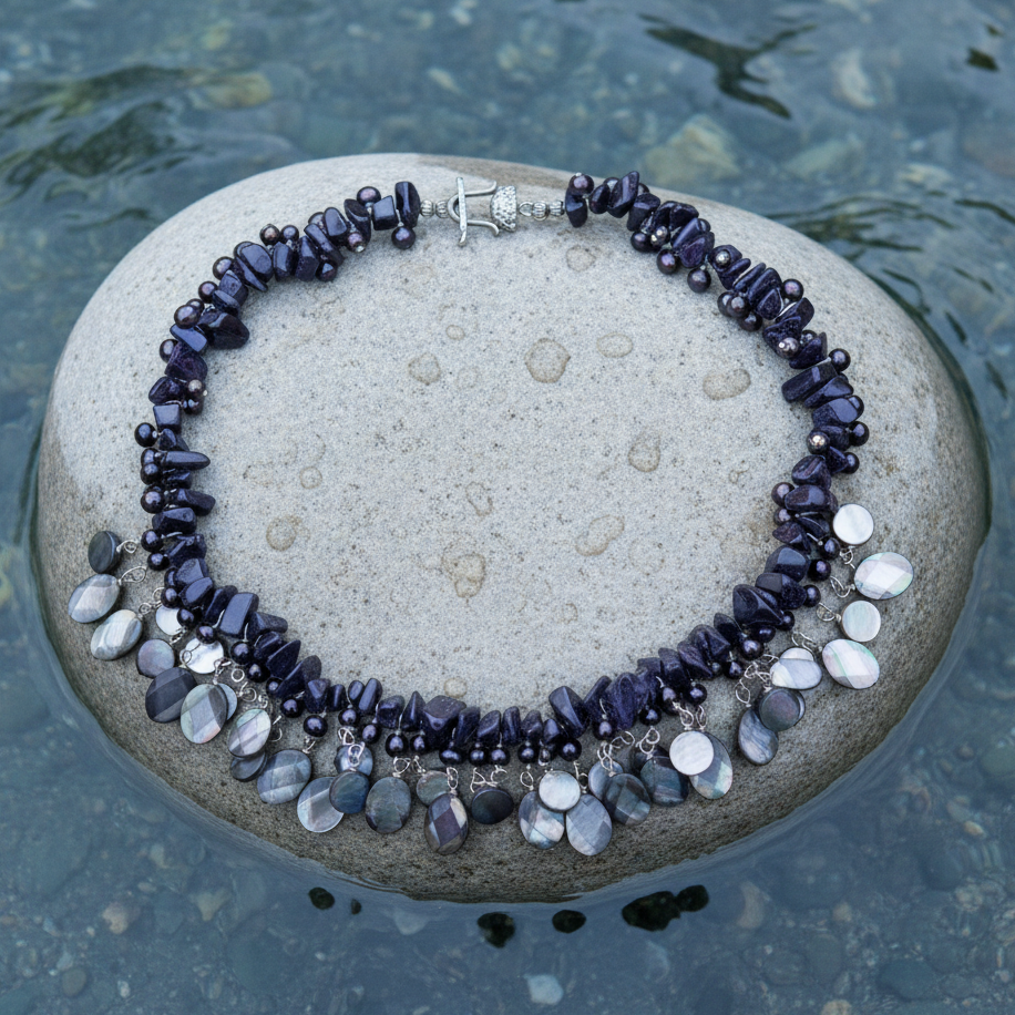 Zoetwater parelketting met blauw zwarte parels, donker blauwe edelsteen goudsteen en grijs parelmoer liggend op steen in water  | Glossy Black Drup