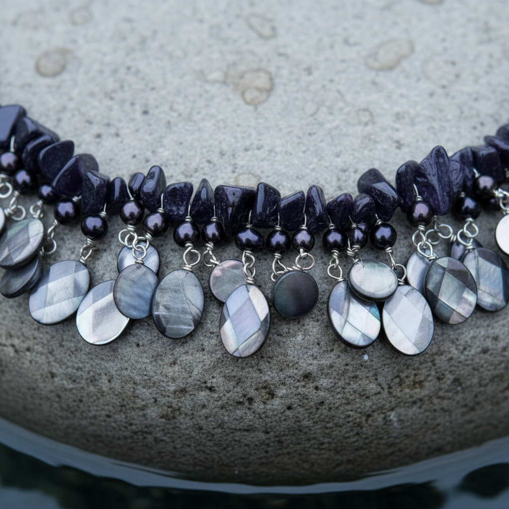 Zoetwater parelketting met blauw zwarte parels, donker blauwe edelsteen goudsteen en grijs parelmoer liggend op steen in water close up | Glossy Black Drup