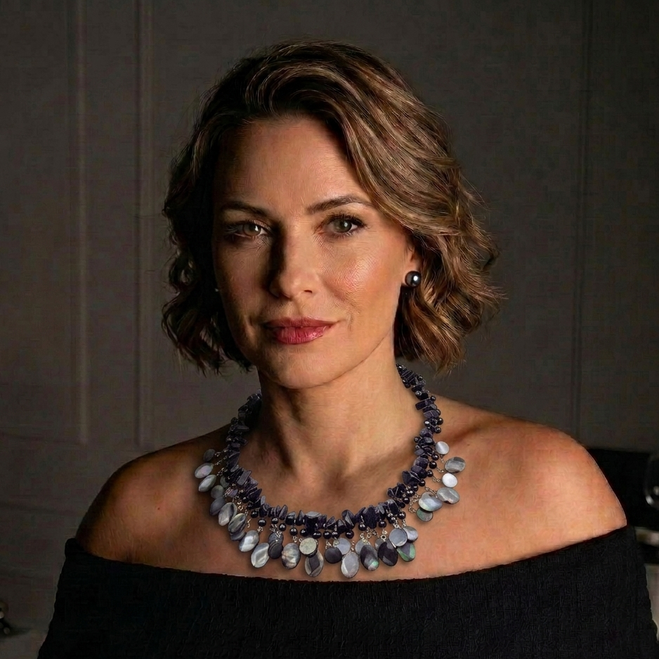 Zoetwater parelketting met blauw zwarte parels, donker blauwe edelsteen goudsteen en grijs parelmoer op model | Glossy Black Drup
