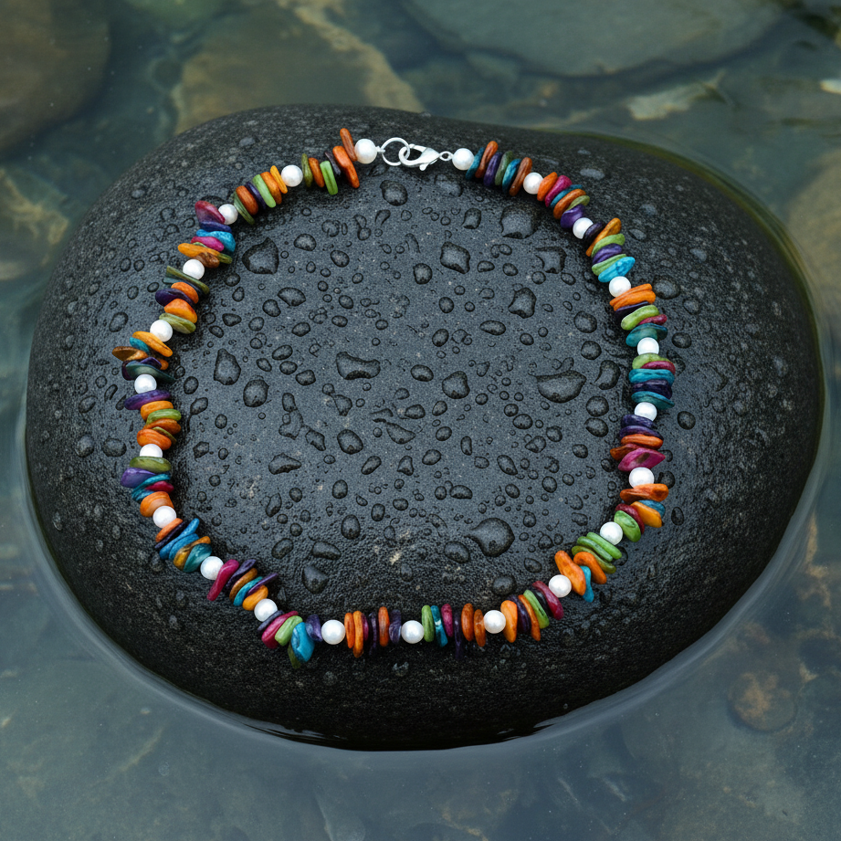 Witte zoetwater parelketting met gekleurde stukjes schelp en sterling zilver (925) liggend op steen in water | Pearl Colorfull Shell