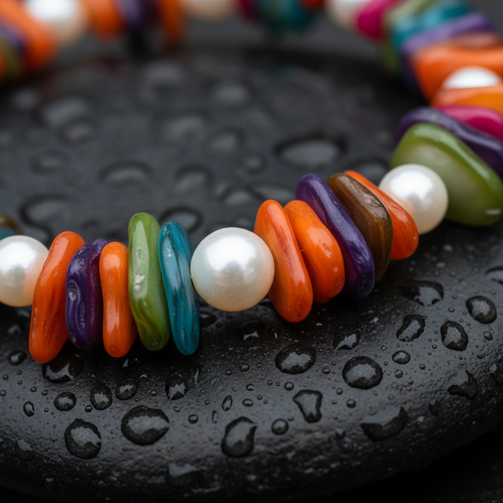 Witte zoetwater parelketting met gekleurde stukjes schelp en sterling zilver (925) liggend op steen inw ater close up | Pearl Colorfull Shell