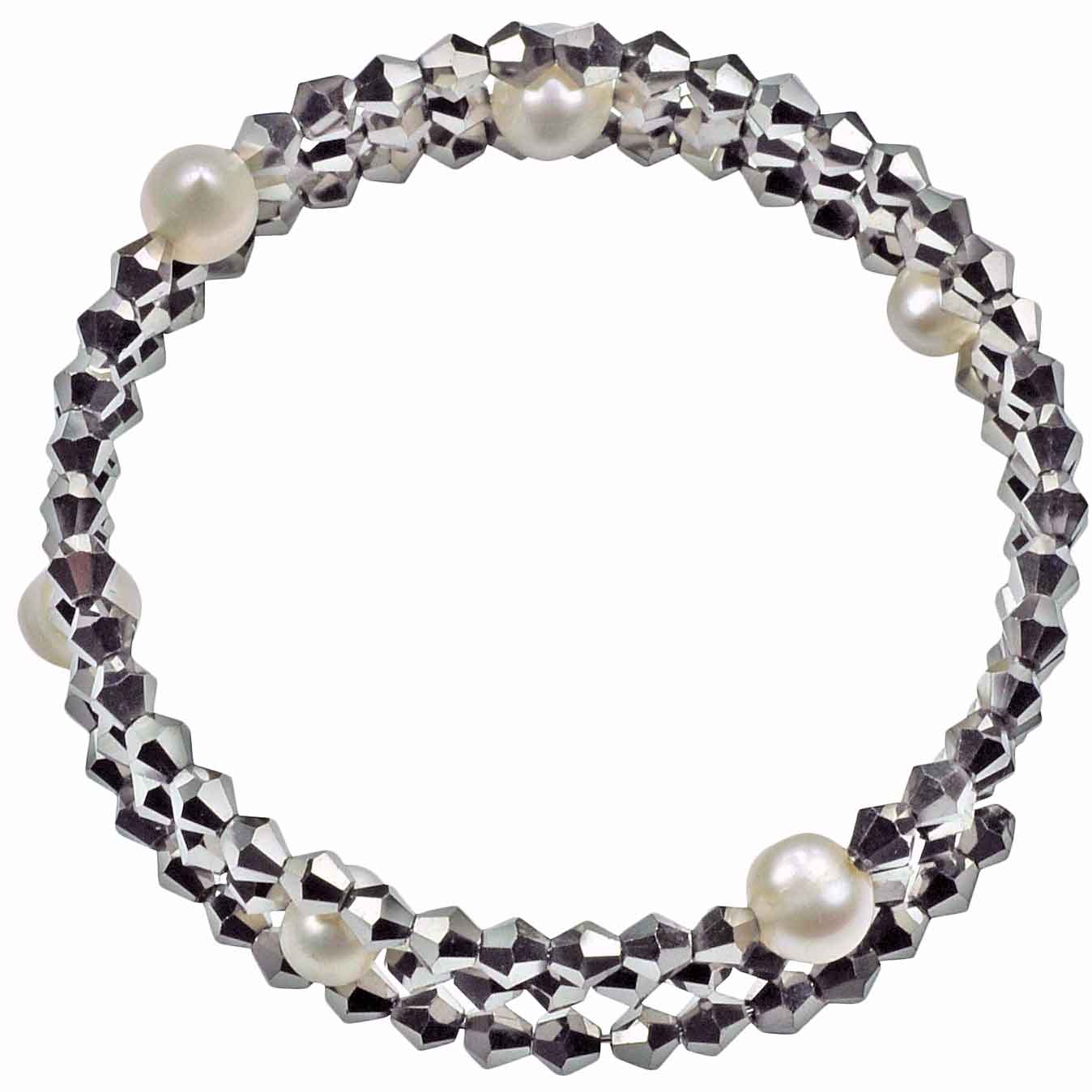 Wit zoetwater parel wikkelarmband met zilver kleurige stras steentjes, bovenaanzicht | Pearl W Metalic Silver