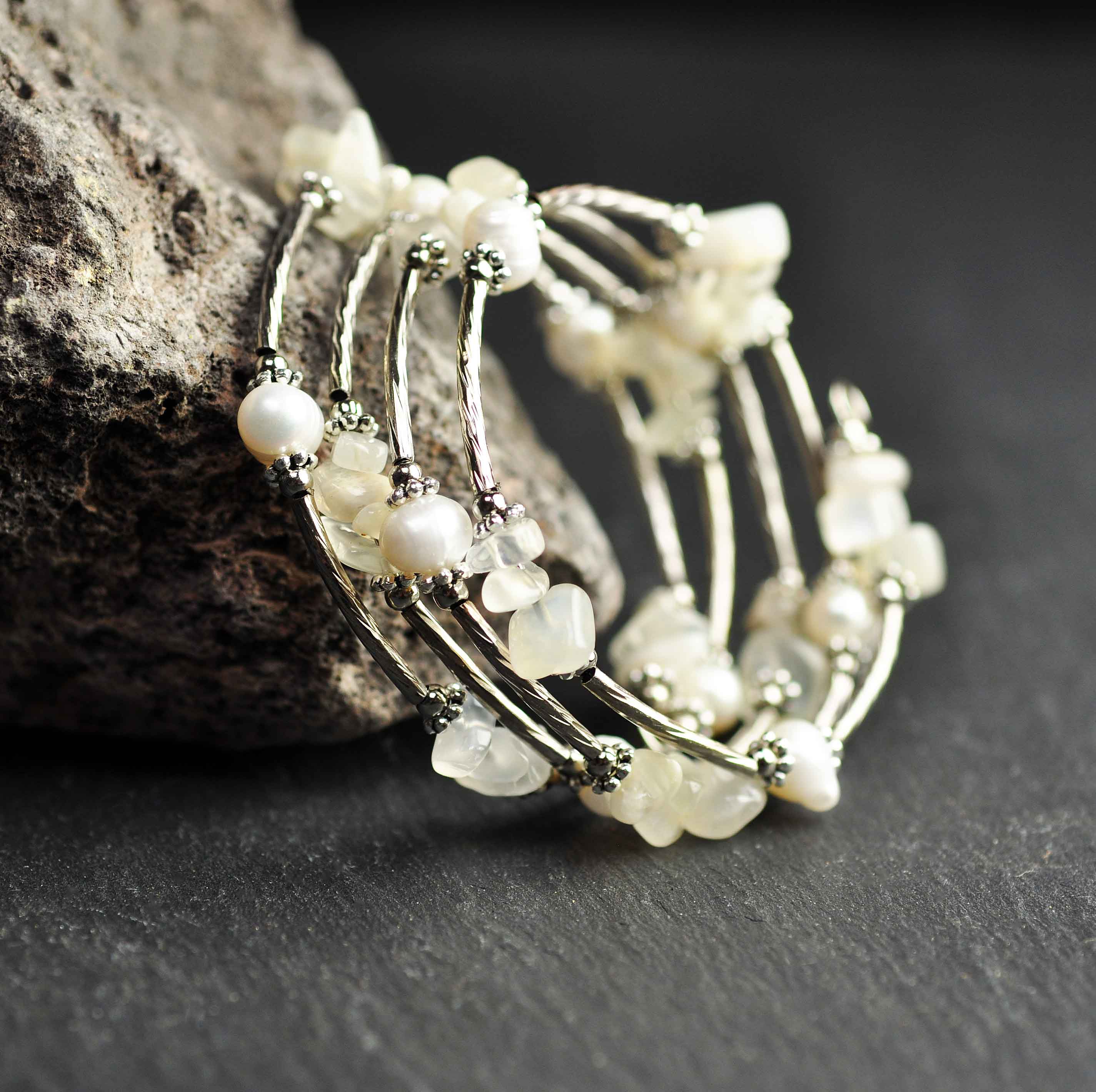 Zoetwater parel wikkelarmband met maansteen Wrap Pearl Moonstone