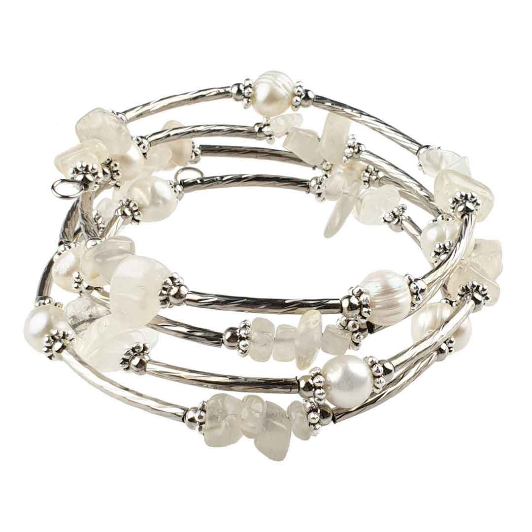 Wit zoetwater parel wikkel armband met edelsteen maansteen en zilver | Wrap Pearl Moonstone