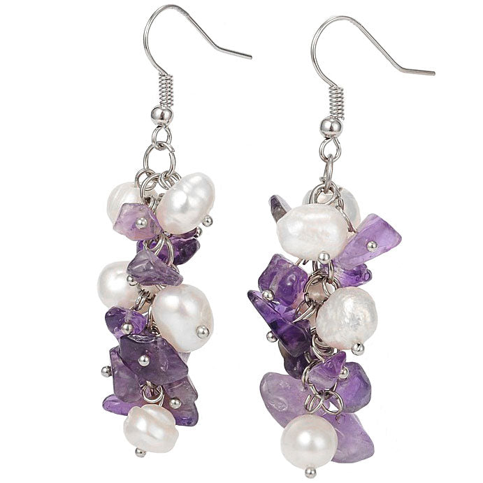 Lange zoetwater parel oorbellen met witte parels en paarse edelsteen amethist | Pearl Amethyst Chip