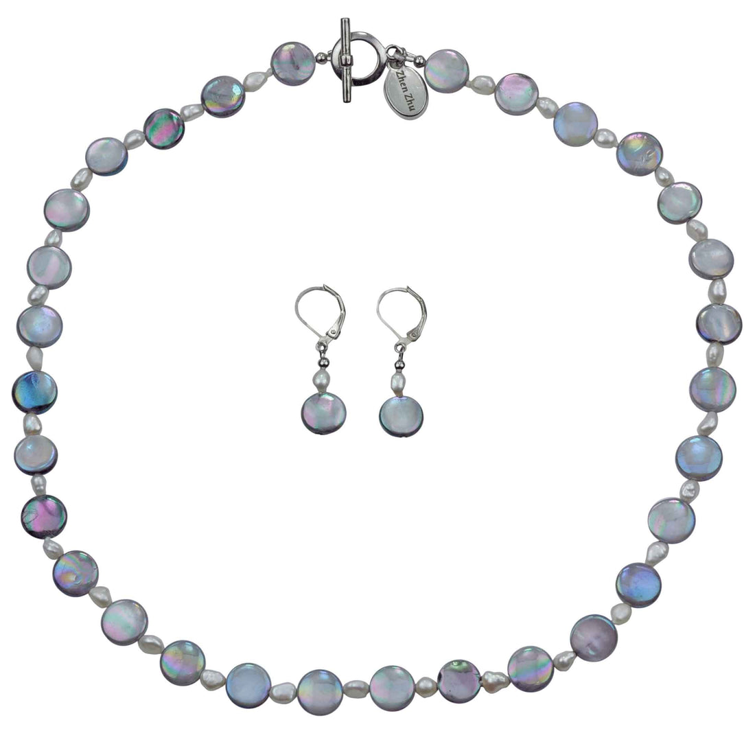 Zoetwater parel set bestaat uit een parelketting en parel oorbellen met witte parels, grijs parelmoer en zilver edelstaal | set Pearl Grey Shell R