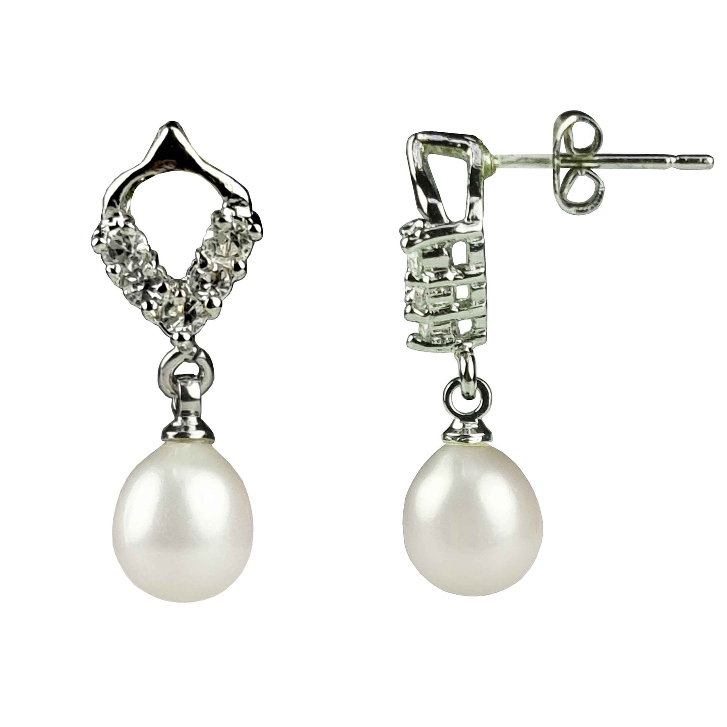 Witte zoetwater parel oorbellen met stras steentjes, voor en zijaanzicht | Bling Pearl Heart W