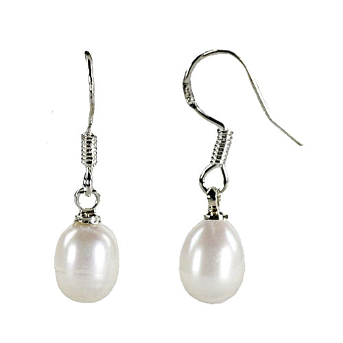 Witte zoetwater parel oorbellen met sterling zilveren oorbelhaakjes, voor- en zijaanzicht | Lianca