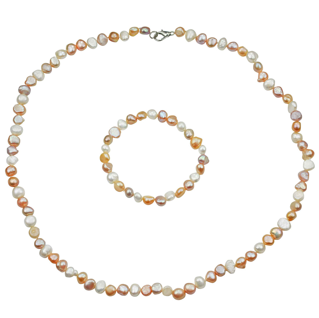 Handgeknoopte zoetwater parel set bestaande uit parelketting en parel armband met witte, zalm en roze parels en sterling zilver (925) | set Pearl Colors Small