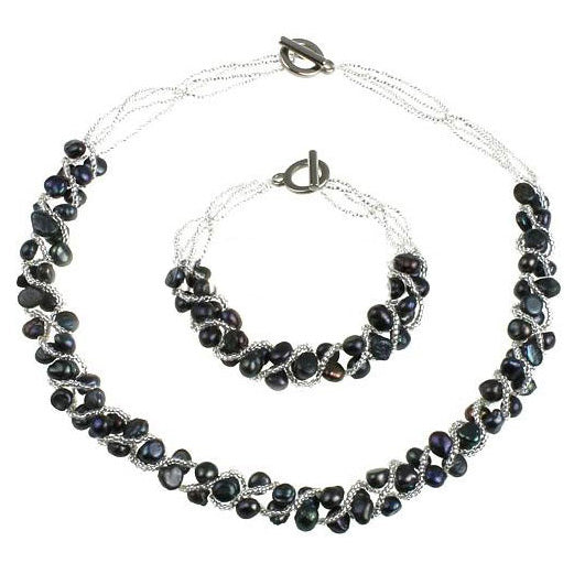 Zoetwater parel set bestaande uit parelketting en parel armband met zwart blauwe parels | set Veronica