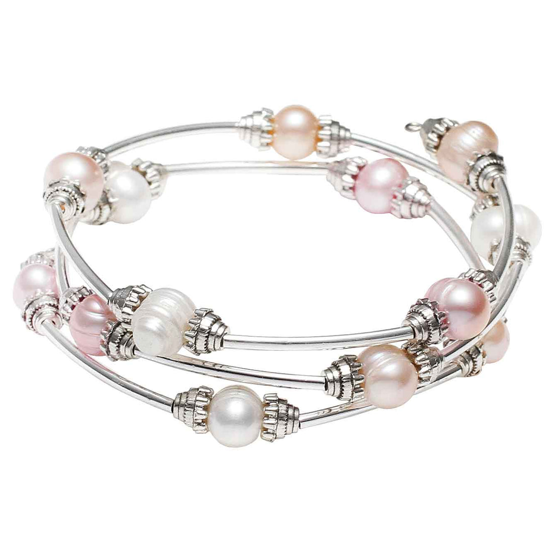 Zoetwater parel wikkelarmband met witte, roze en zalm kleurige parels | Three Loops Soft Color Pearl