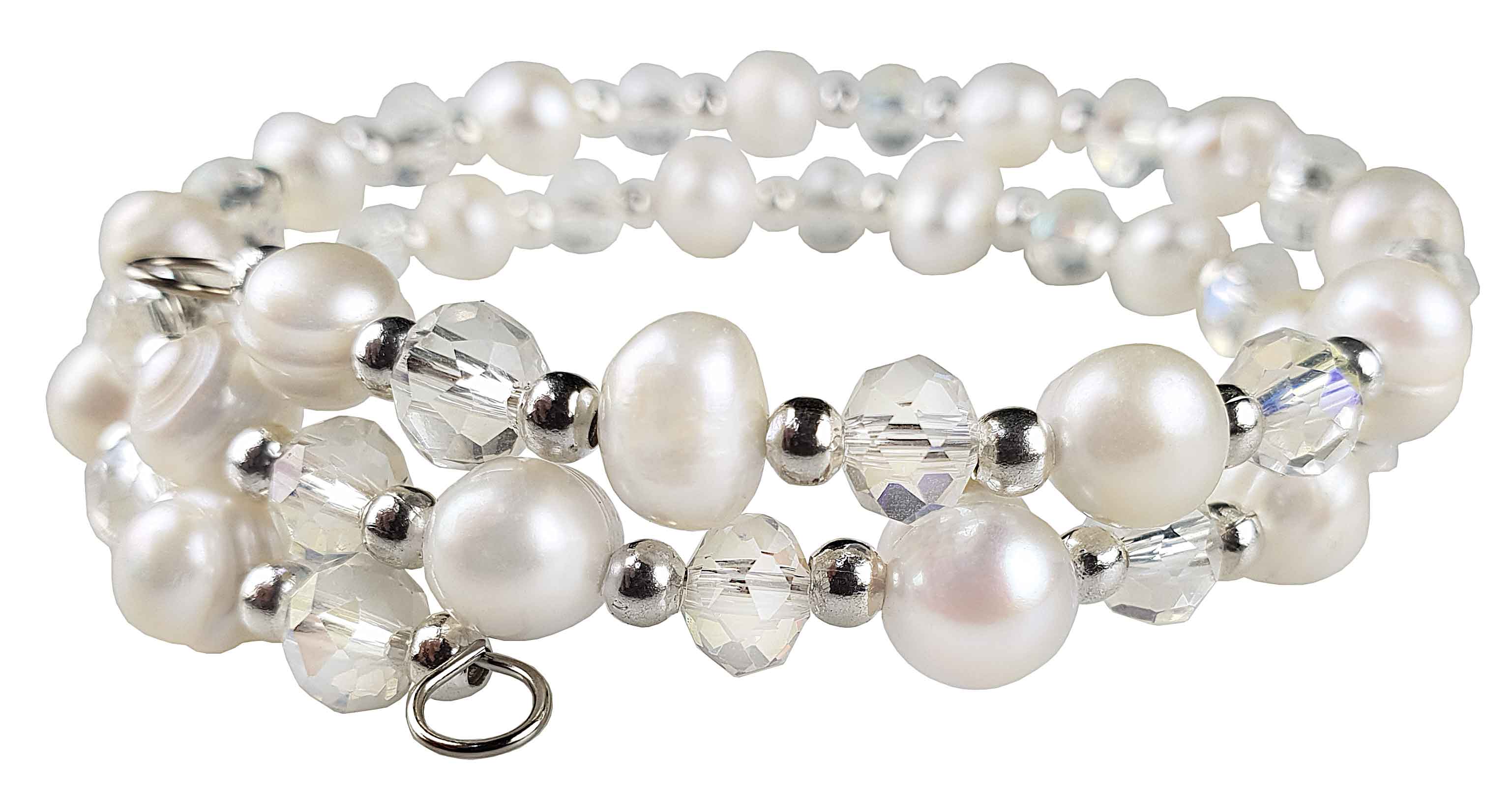 Zoetwater parel wikkel armband met witte parels en helder glas kristallen zijaanzicht | Wrap Pearl White Crystal