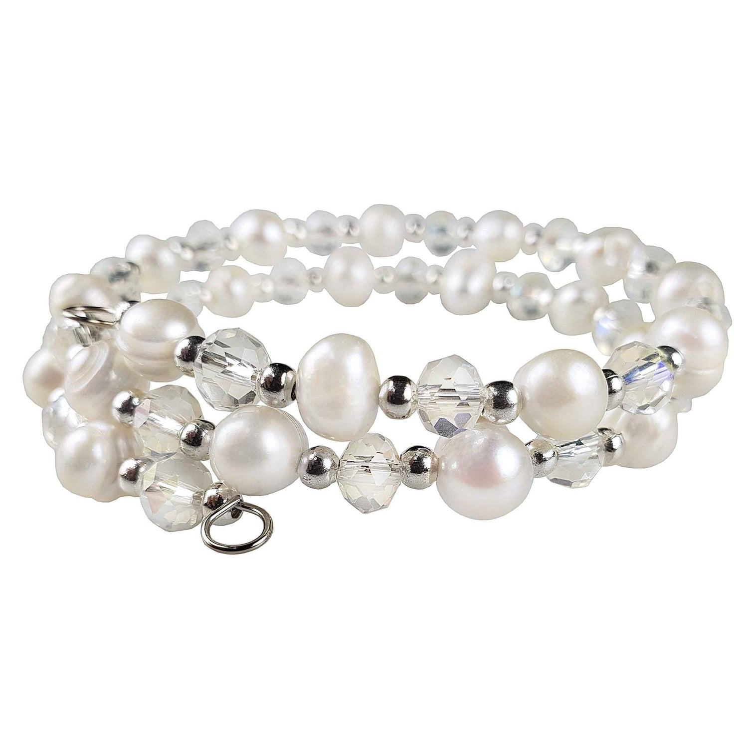 Zoetwater parel wikkel armband met witte parels en helder glas kristallen zijaanzicht | Wrap Pearl White Crystal
