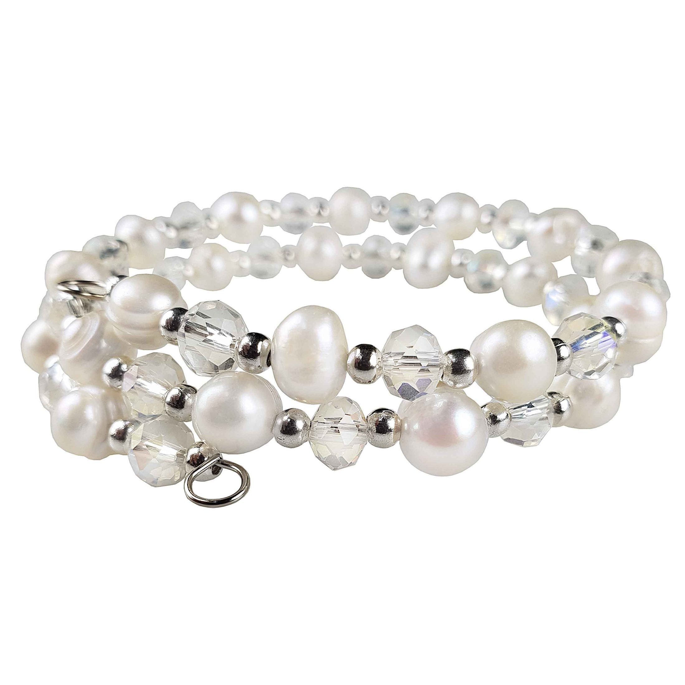Zoetwater parel wikkel armband met witte parels en helder glas kristallen zijaanzicht | Wrap Pearl White Crystal