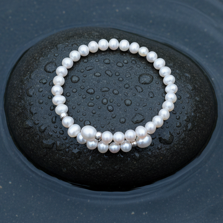 Zoetwater parel wikkel armband met witte parels en sterling zilver (925) liggend op steen in water | Angelica