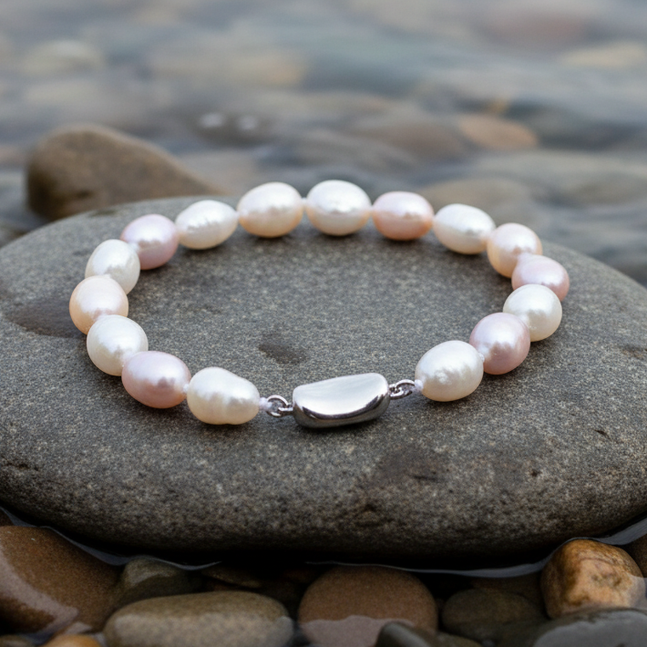 Handgeknoopte zoetwater parel armband met witte, zalm en roze parels | Sina