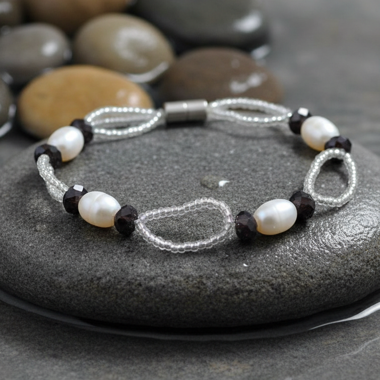 Wit zoetwater parel armband met zwarte kristallen en magneetslotje liggend op steen in water | Zwicio