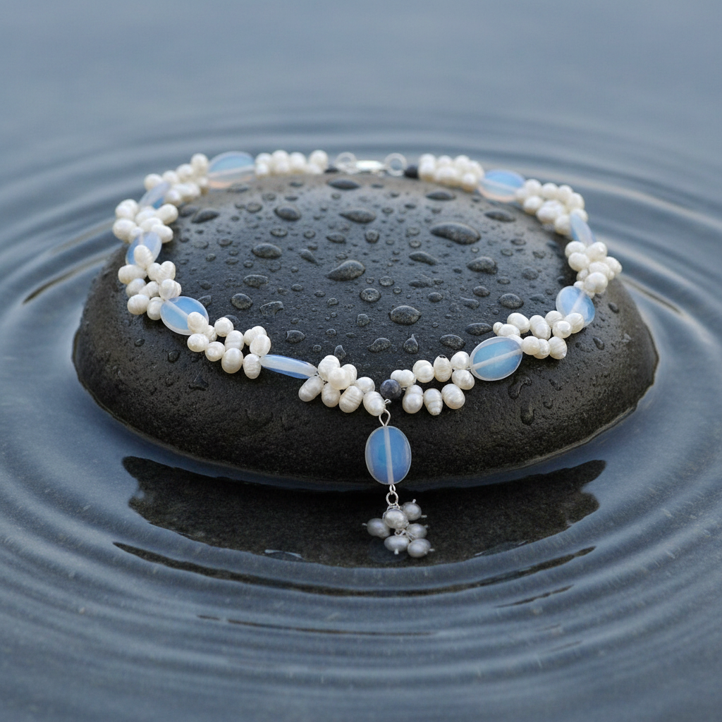 Zoetwater parelketting met witte parels en blauwe edelsteen opaal liggend op steen in water | Sopal