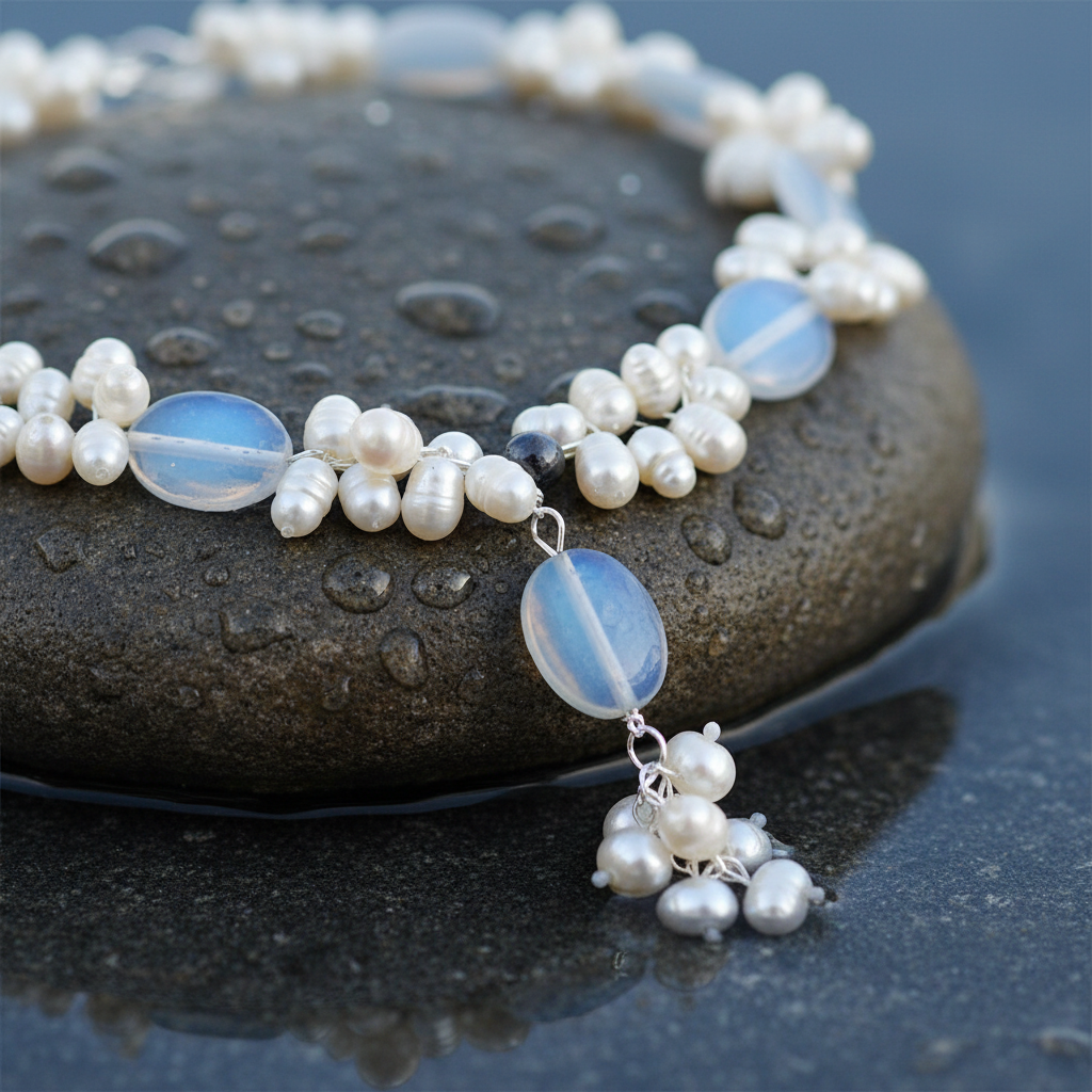 Zoetwater parelketting met witte parels en blauwe edelsteen opaal liggend op natte steen close up | Sopal