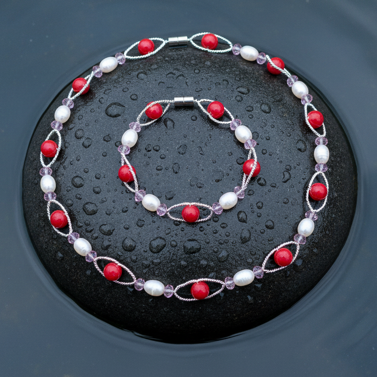Zoetwater parel set bestaat uit een parelketting en een parel armband met witte parels, rode en roze glaskralen en magneetslotje liggend op steen in water | set Recio