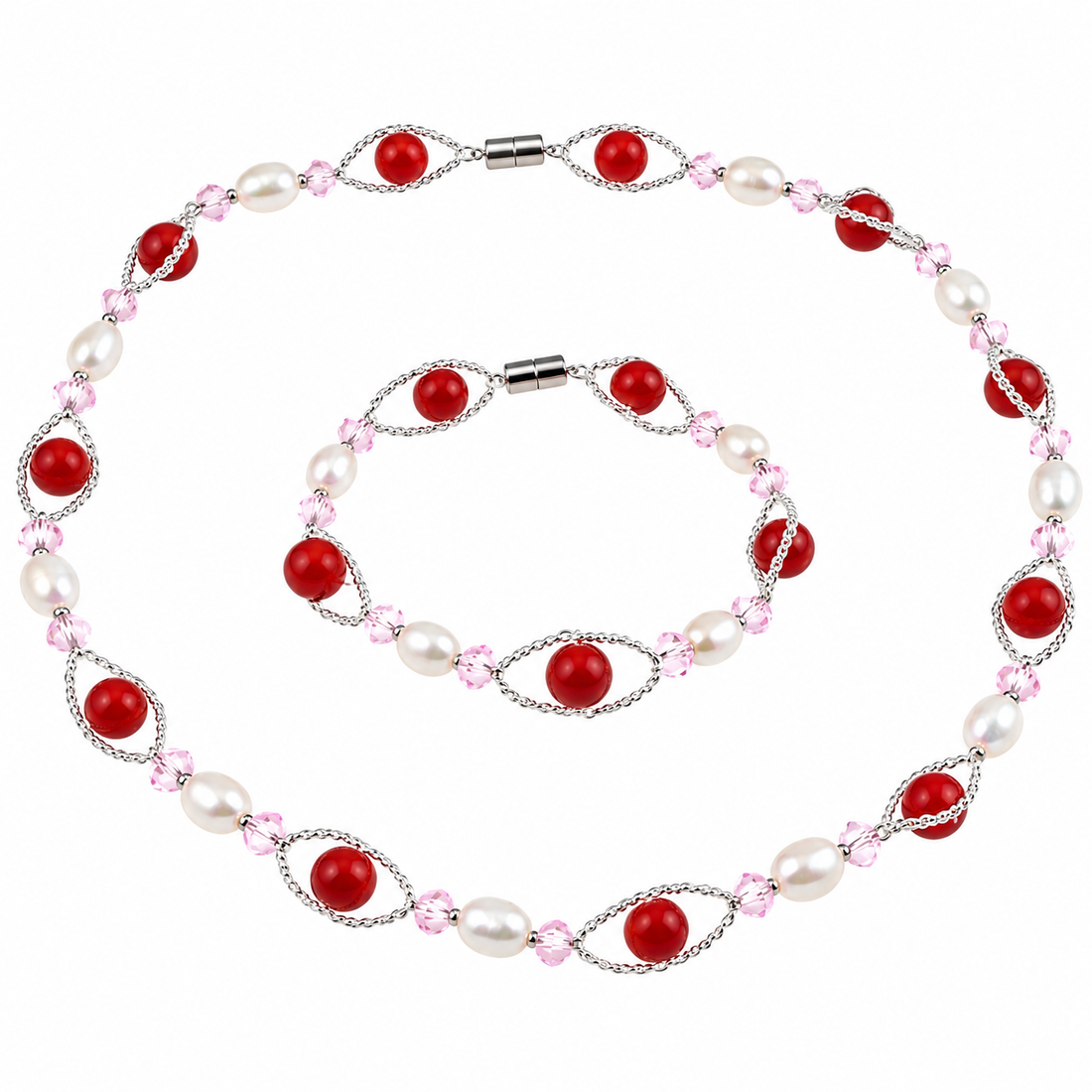 Zoetwater parel set bestaat uit een parelketting en een parel armband met witte parels, rode en roze glaskralen en magneetslotje | set Recio