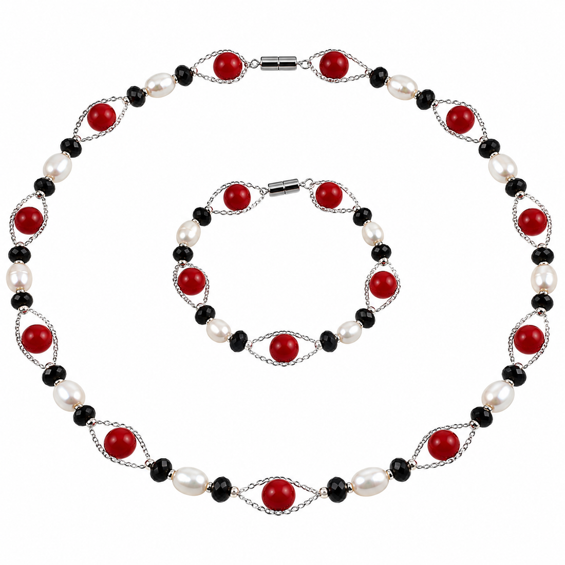 Zoetwaterparel set met parelketting en parel armband met magneetslot, witte parels en rode en zwarte kralen | Santa