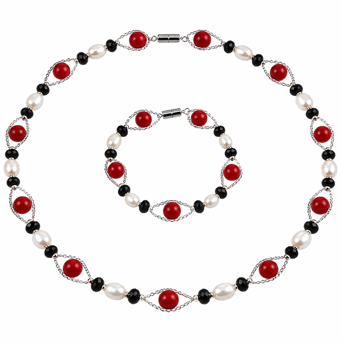Zoetwaterparel set met parelketting en parel armband met magneetslot, witte parels en rode en zwarte kralen | Santa
