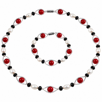 Zoetwaterparel set met parelketting en parel armband met magneetslot, witte parels en rode en zwarte kralen | Santa