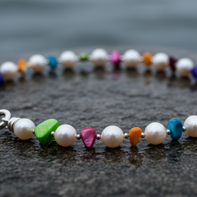 Zoetwater parelketting met witte parels en gekleurd parelmoer liggend op steen close up | Big Bold Happy 