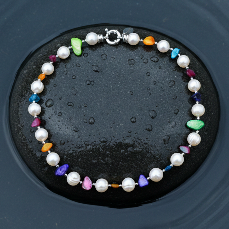 Zoetwater parelketting met witte parels en gekleurd parelmoer liggend op steen in water | Big Bold Happy 