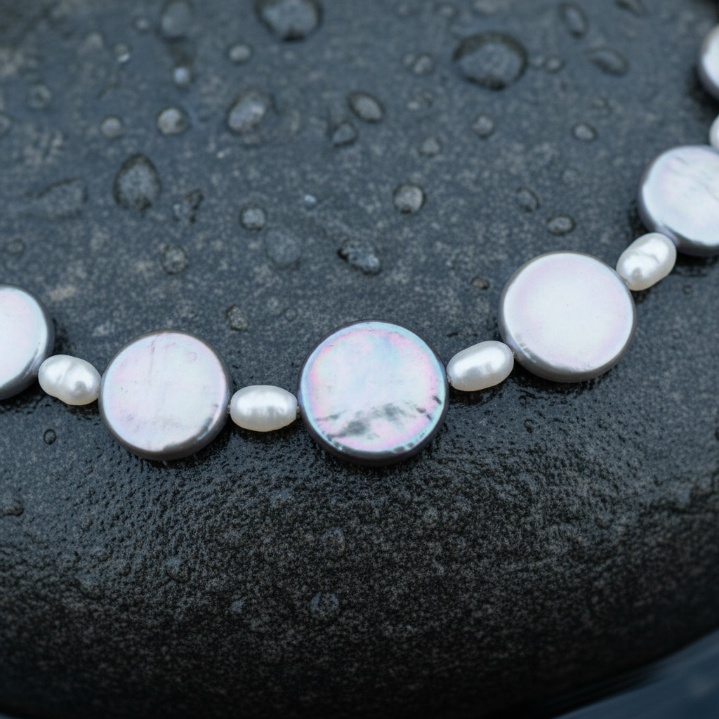 Zoetwater parelketting met witte parels, grijs parelmoer en zilver edelstaal  liggend op steen in water close up | set Pearl Grey Shell R