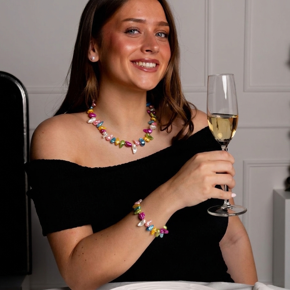 Zoetwater parelketting en armband met vrolijk gekleurde parels op model aan tafel | Lilou