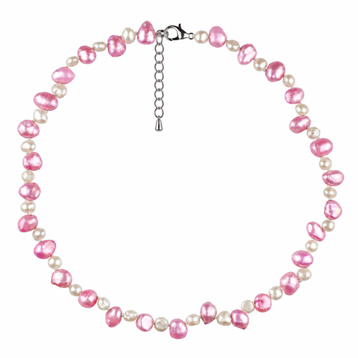 Handgeknoopte zoetwater parelketting met witte en roze parels en sterling zilver (925) met verlengketting | Philou