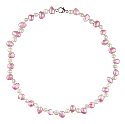 Handgeknoopte zoetwater parelketting met witte en roze parels en sterling zilver (925) | Philou