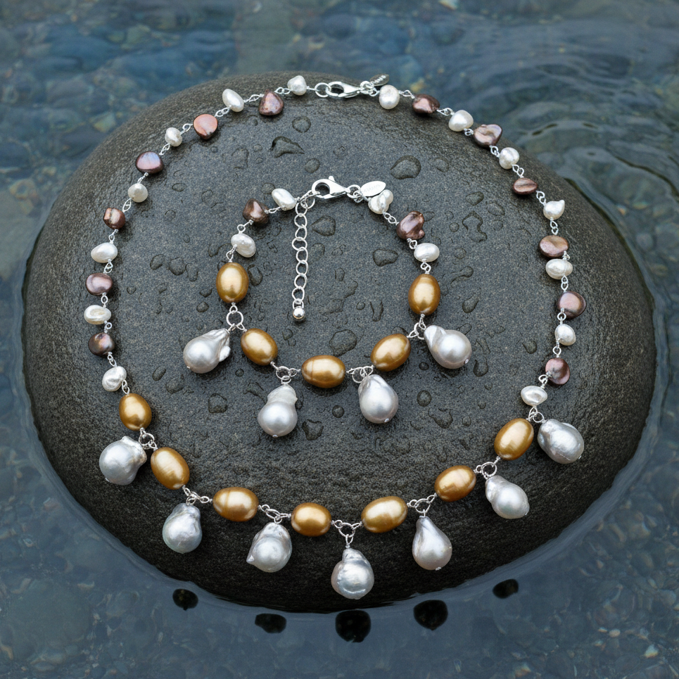Zoetwater parel set bestaande uit een parelketting en parel armband met grijze, oker en bruine parels liggend op steen in water | set Daisy