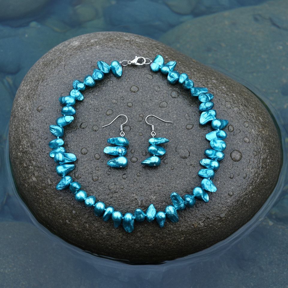 Aqua blauwe keshi blister parel ketting met oorbellen op natte grijze steen