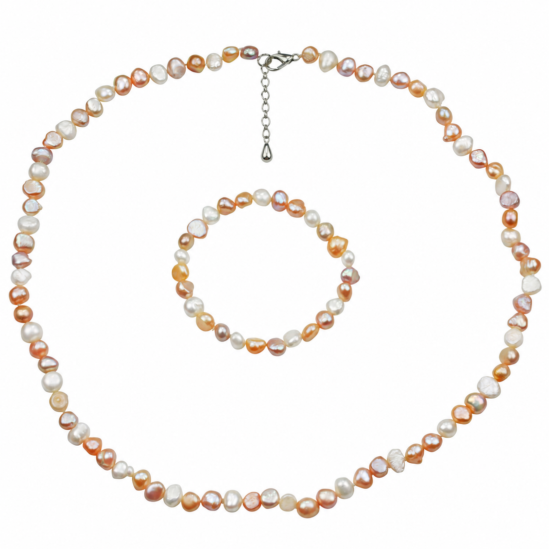 Handgeknoopte zoetwater parel set bestaande uit parelketting en parel armband met witte, zalm en roze parels en sterling zilver (925) met verlengketting | set Pearl Colors Small