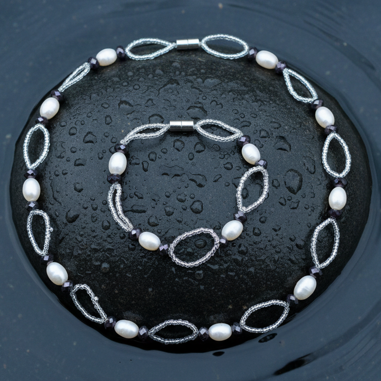 Zoetwater parel set bestaande uit parelketting en parel armband met witte parels, zwarte glaskristallen en magneetslot liggend op steen in water | set Zwicio